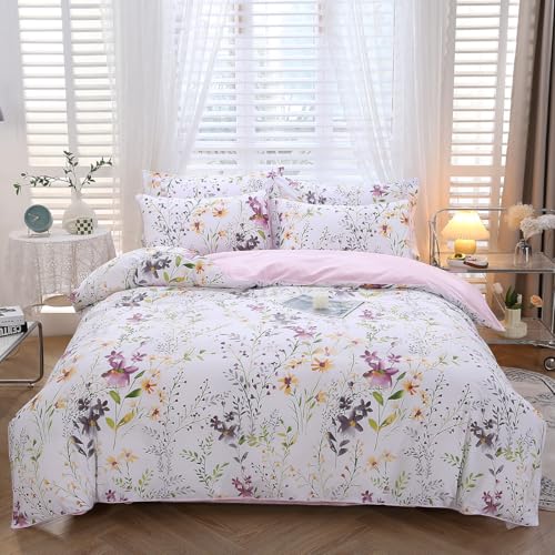 STYHO 3 Pieces Egyptian Cotton Bedding Double Size Duvet Cover-Purple Floral Bedding Set with Pillowcases-Ultra Soft Comfortable Ink Flowers Duvet Cover Set for All Seasons(Purple Flower, Double)