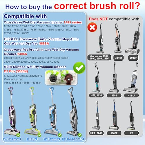 Image of Lemige Brush Filter Replacement Parts for Bissell CrossWave Vacuum 3888A 1785 Pet Pro 2306A Cordless Wet Dry Vac, 2 Pack 2460 Multi-Surface Pet Brush Roll & 1866 Vacuum Filter, Part 1613568 1608684