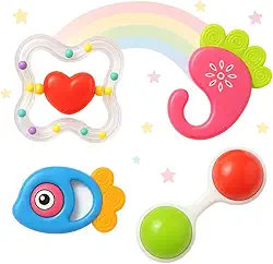 Kit Chocalho Mordedor Educativo para Bebê, 4 Peças, Colorido, Material Atóxico sem BPA, Brinquedo Sensorial para Desenvolvimento Motor e Cognitivo, 0-12 Meses