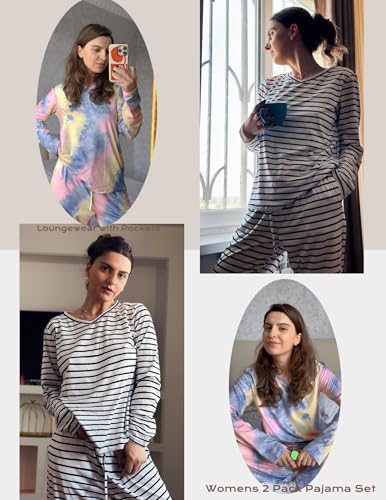 Ekouaer Womens 2 Pack Pajama Set Long Sleeve Pajamas Top and Pants V Neck Pjs Set Soft Loungewear with Pockets2