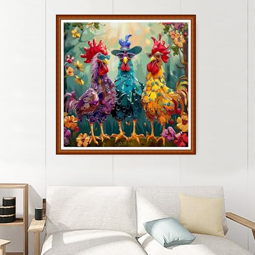Image of Joyhoor Stamped Cross Stitch Kits for Beginners Needlepoint Kits for Adults Embroidery Kits 11CT Counted Cross Stitch Kits Printed Embroidery Pattern-Three Roosters Flower 18x18 inchs