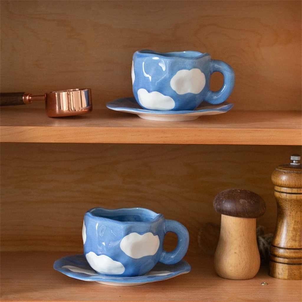 Hand Painted The Sky and White Clouds Coffee Cup With Saucer Ceramic Handmade Tea Set For Her(Black)