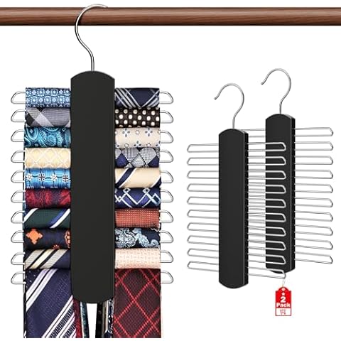 2 Pack Tie Rack for Closet, Premium Wooden Necktie Organizer Storage Tie/Belt Hanger, 360 Degree Swivel Space Saving Ties Holder for Men Hanging 40 Ties Black Cover