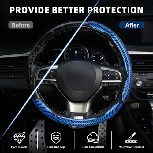 Image of Amiss 3pcs Carbon Fiber Anti-Skid Steering Wheel Cover, Waterproof Design, Universal Fit for 14-16 Inch Car Wheel Cover, Interior Car Accessories for Jeeps, SUVs, Trucks (Glossy Blue)