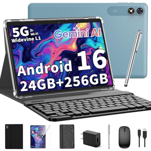 Image of 2026 10 Inch Tablet, Android 16 Tablet with Keyboard, Gemini AI, 24GB+256GB+2TB Expand, 2 in 1 Tablets with 8-Core, 5G WiFi, 8000mAh, GMS, GPS, Electronic Tablets PC with Mouse, Case, Stylus (Black)
