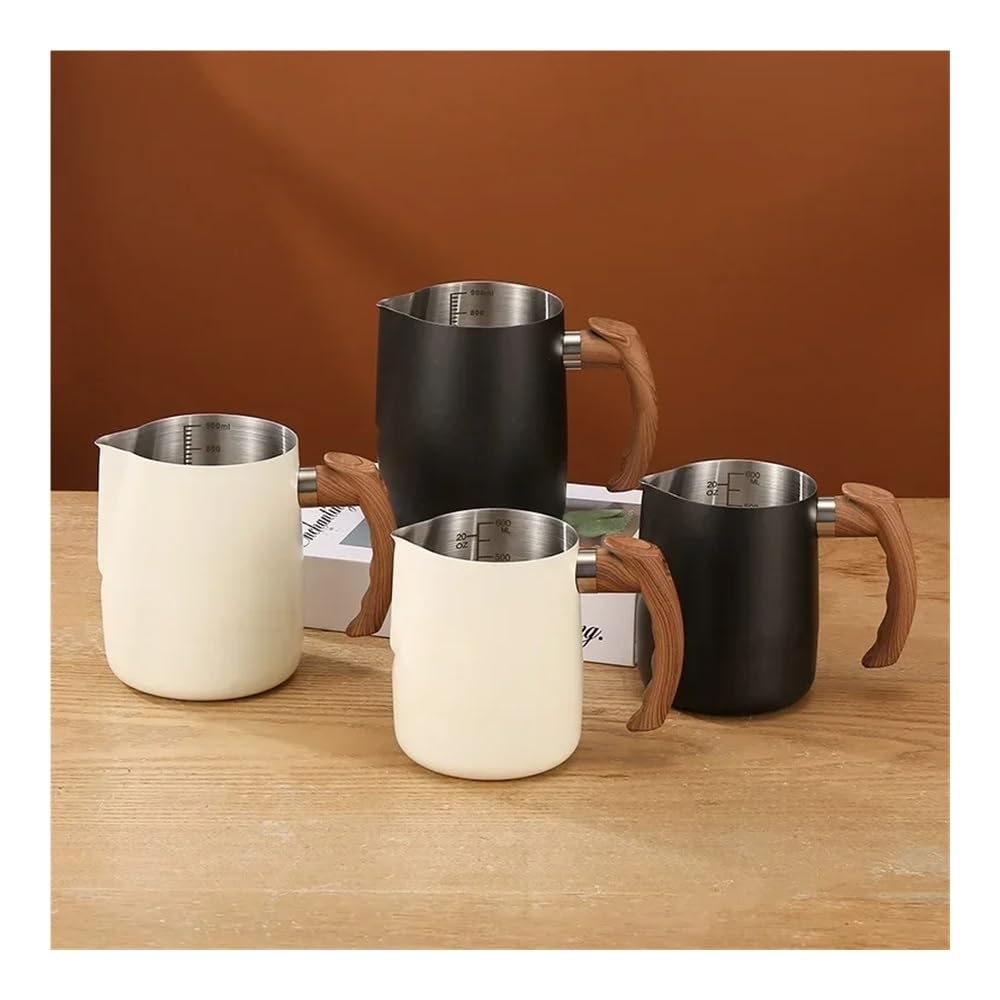 Milchaufschäumkännchen aus Edelstahl, 600/900 ml, präzise Skala, Holzgriff, Latte-Kaffeetasse, Kaffeezubehör, Küche, Café, Zubehör (600 ml, Silber)