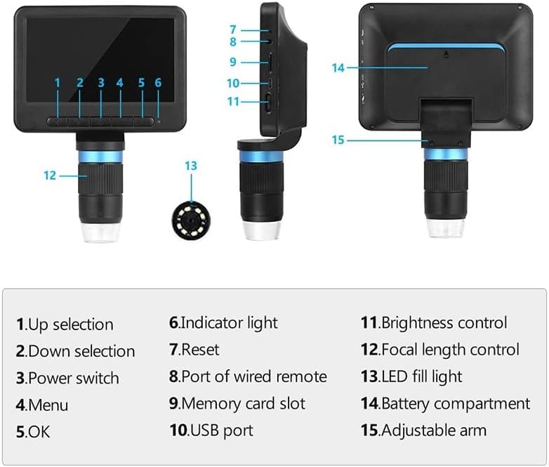 Cámara microscópica digital, pantalla de 5 pulgadas, aumento de 500-1000X, luces LED ajustables, soporte incluido, ideal para estudiantes, aficionados, proyectos científicos y entusiastas del