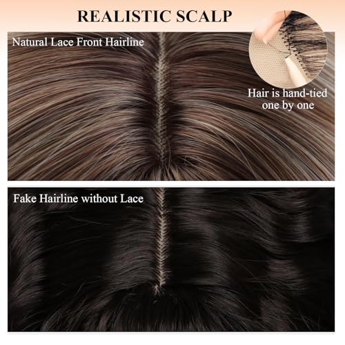 Webshaiy Perücke Damen Kurz Bob mit Pony Voluminöser Look für Reife Frauen Graabdeckung & Mama, Cool Brown Highlight Layered Bob Wig Glatte Synthetische Perücken with Human-Hair-Like Fiber