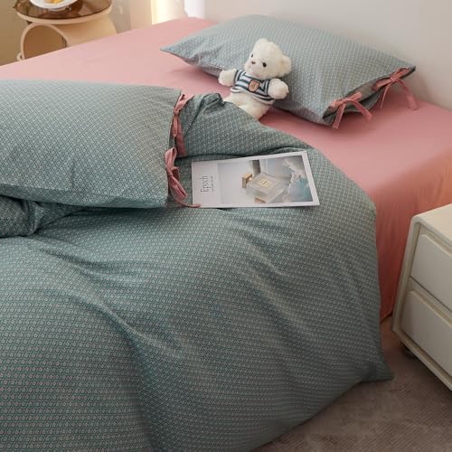 Image of LifeTB Vintage Green Floral Comforter Set King, 3 Pieces Aesthetic Pink Flowers Comforter with 2 Bowknot Pillowcases, Cottagecore Floral Bedding Set Farmhouse Botanical Comforter for All Seasons