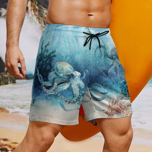Mens Swim Trunks with Compression Liner, Underwater Life Scene Octopus Printed Board Shorts4