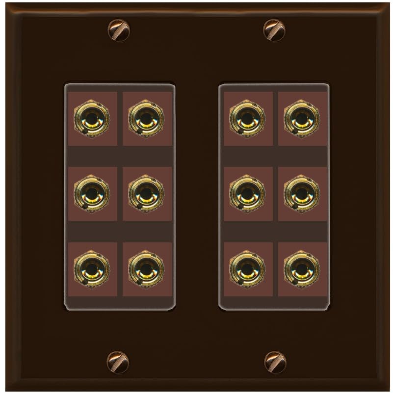 RiteAV 6.0 Surround Sound 6 Speaker 12 Banana Plug Jack Wall Plate Female Connectors - 2 Gang [Brown/Brown]