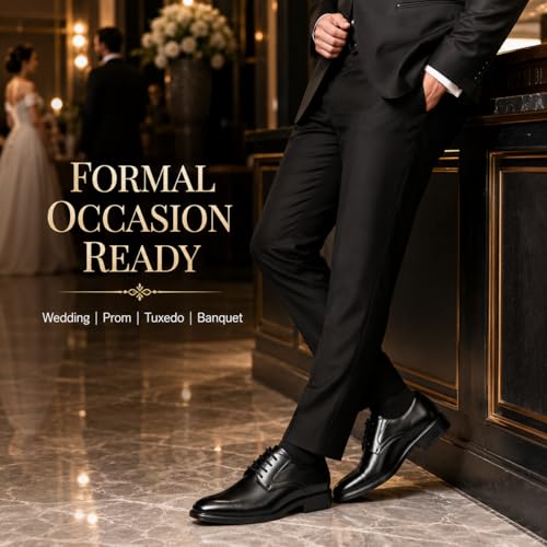 Image of Mens Black Dress Shoes Lace Up Formal Oxford Shoes Derby for Men | Classic black lace-up dress shoes with flexible comfort for business, wedding, tuxedo and formal events.