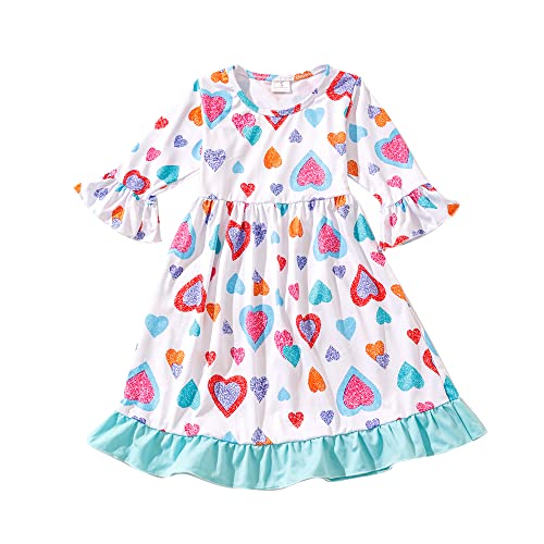 Toddler Girl Dress Love Hearts Print Ruffle Bottom Long Sleeve Casual Dress 3-8Y