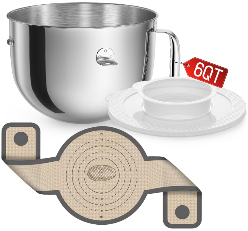 KN2B6PEH 6QT Bowl-Lift Stand Mixer Bowl, Compatible with Kitchenaid Professional 600 Mixer, Polished Stainless Steel Bowl with Silicone Bread Sling - Fits Bowl-Lift KV25G KP26M1X