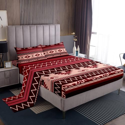 jejeloiu Boho Fitted Sheet Full Size Kids Southwestern Native Aztec Bedding Set for Boys Girls Teens Southwest Native American Design Bed Sheets Set Wine Red