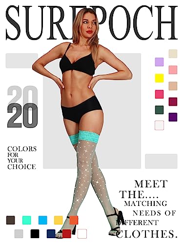 Image of SUREPOCH Sparkly Rhinestone Fishnet Thigh High Stockings for Women Silicone Lace Top