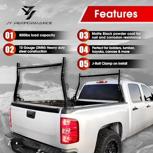 JY PERFORMANCE Truck Ladder Racks 800Ibs Capacity Extendable Pick-up Truck Bed Ladder Rack, Universal Heavy Duty (J-Bolt Clamps)