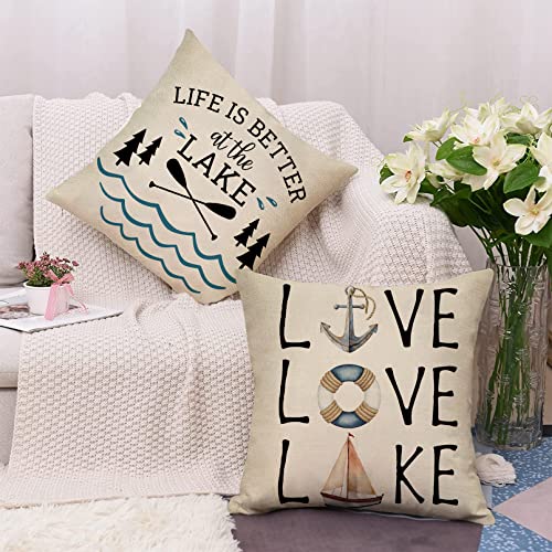 Softxpp Life Is Better At The Lake House Decorative Throw Pillow Cover Set Of 4, Farmhouse Paddles Anchor Lakehouse Cushion Case, Lakehouse Rustic Spring Summer Home Decoration Pillowcase Decors 20X20 #TOP4