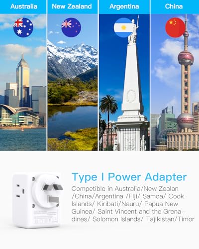 Image of 2 Pack Australia New Zealand Power Plug Adapter, Australia Travel Adapter | Type I Plug Adapter with 3 American Outlets 4 USB Charging Ports (2 USB C) for US to Australia, Argentina, China, New Zealand