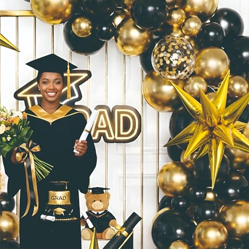 Image of Elegant Black & Golden Balloon Arch with Star Foil & Confetti Balloons, 28 Pcs, Perfect for Birthday and Graduation Party