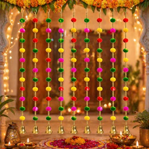 Image of Bindian Multicolor Pom Pom Beads & Golden Bell Toran for Main Door, Pack of 10 Door Hanging Decorative Items, Home Decor Wall Hanging Decoration, Pooja Room Decor, Festival Decoration