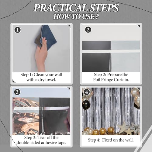 Image of DECOCKRAT 3 Pack Foil Fringe Backdrop - Black&Silver Shiny Tinsel Curtains for Party Decoration /Photo Booth Props - 3.3x8.2 FT Metallic Foil Backdrop for Birthday, Wedding, Graduation, Christmas.