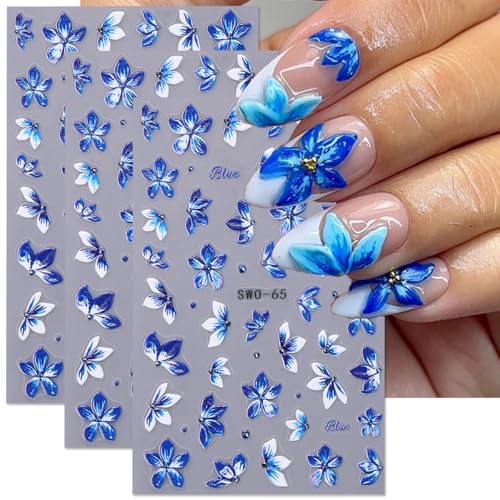 Flower Nail Art Stickers Spring Blue White Lily Flowers Nail Stic...