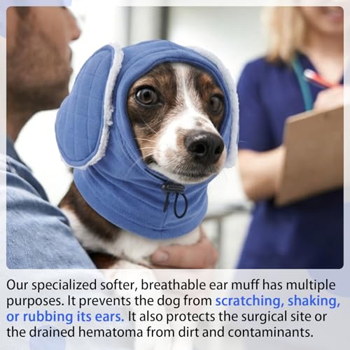 Image of MIGOHI Soft Dog Ear Muffs Noise Protection,Ear Covers for Dogs,Dog No Shake Ear Wrap for Hematoma,Calming Hoodie Quiet Ears Head Warps for Medium Large Dogs Grooming,Bathing,Thunder,Firework,L,Blue