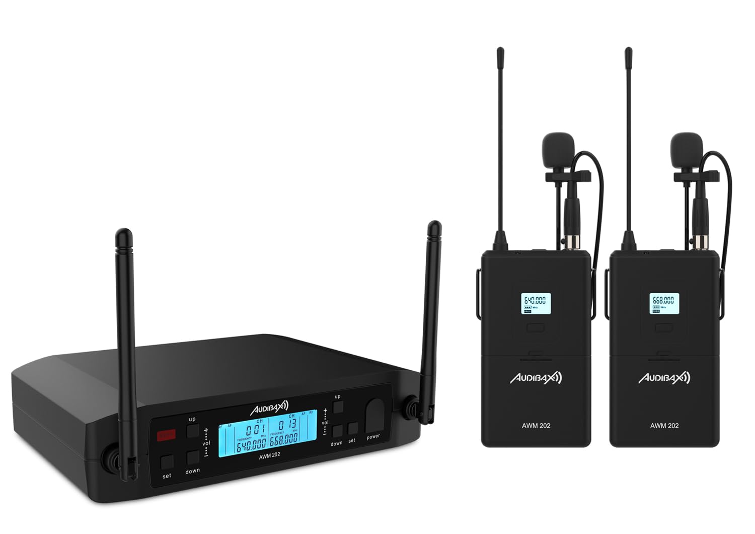 Audibax AWM 202 Sistema Inalámbrico Micrófono Lavalier de 2 Canales UHF