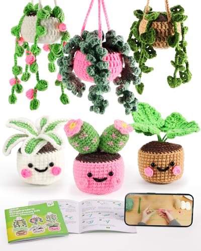 Caydo Crochet Kit for Beginners with Step-by-Step Video Tutorials, Crochet Starter Kits for Adults, Potted Hanging Plants Craft Kit with Yarn Sets for Home/Car Decoration, Gift for All Ages