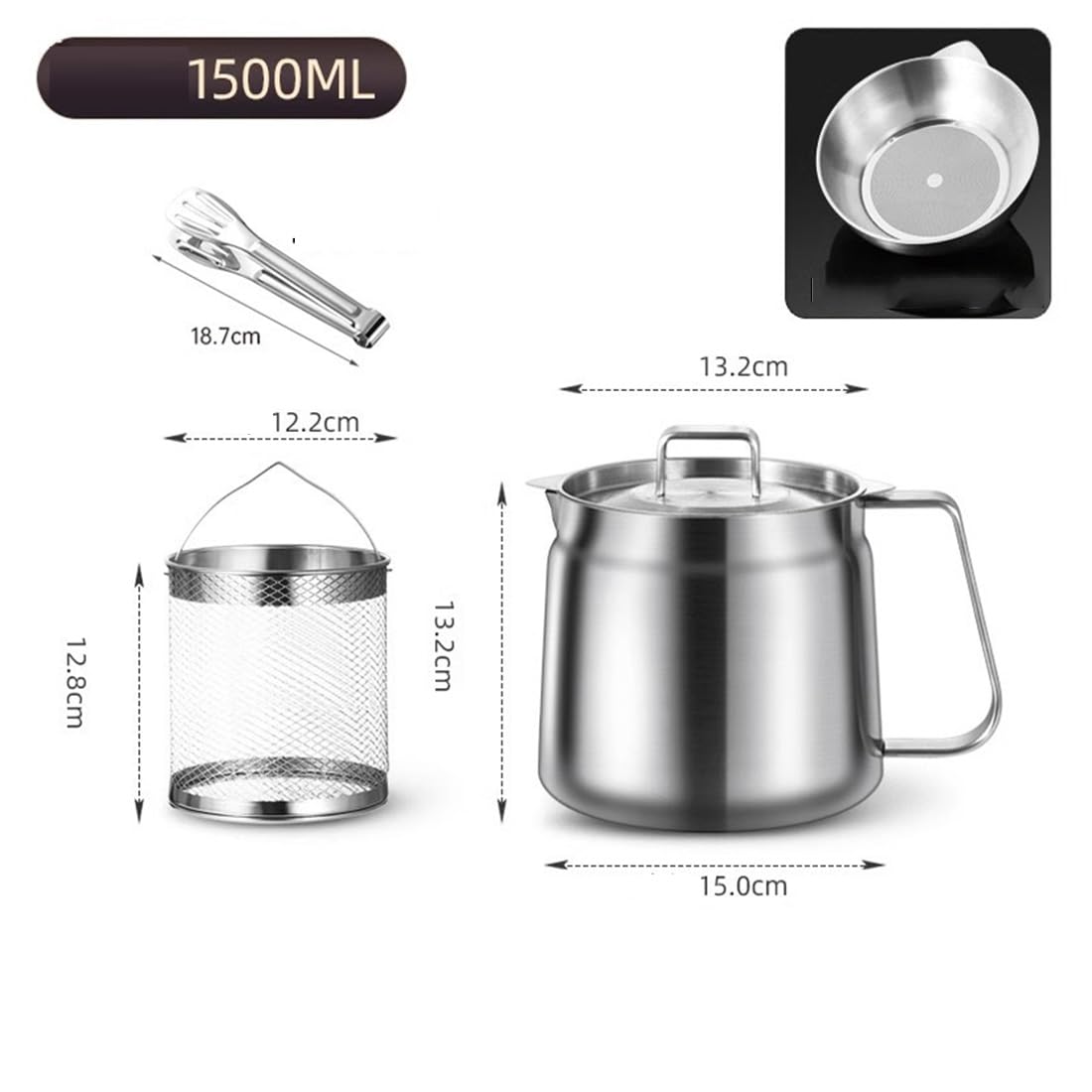 Olla freidora de acero inoxidable 304 con cesta, colador de aceite y clip. (1,5L)