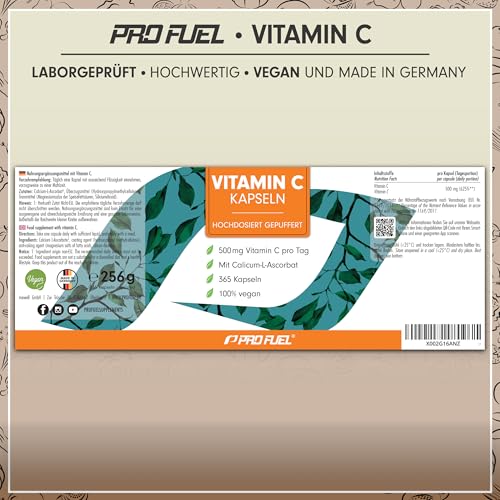 Vitamin C hochdosiert - 365 Kapseln - 500 mg Vitamin C gepuffert - hochwertiges Calcium-Ascorbat optimal hochdosiert - laborgeprüft mit Zertifikat - 100% vegan - Jahresvorrat