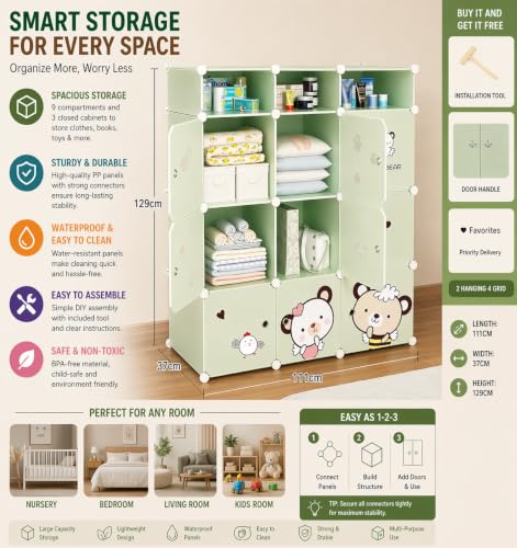 Image of Mevigo Foldable Plastic Wardrobe for Clothes - 9+3 Door Baby Cupboard for Clothes Storage, Wardrobe for Kids, Plastic Almirah, Collapsible Wardrobe for Kids Livingroom & Home -Green-E5