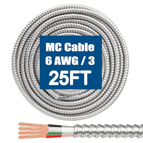 MOOKEERF 6/3 MC Cable with Ground - 25FT Pure Copper 6AWG/3 Metal Clad Wire with Aluminum Armor 6 Gauge 3 Conductor Type MC Alum Cable