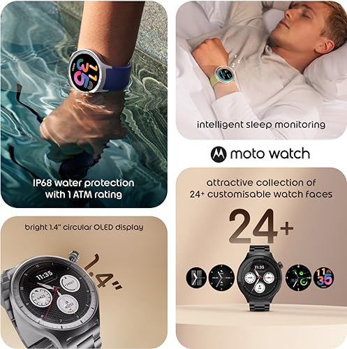 Image of Motorola Moto Watch, 1.4 OLED, AOD, Auto-Brightness, Dual Band GPS, Powered by Polar Smartwatch (Pantone Volcanic Ash Band Strap, Free Size)