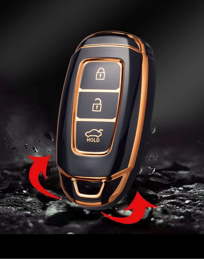 Image of JVCV Gold Border TPU Key Cover Compatible with Hyundai Verna Push Button Start Car Key - Glossy Protective Smart Key Case (Black)