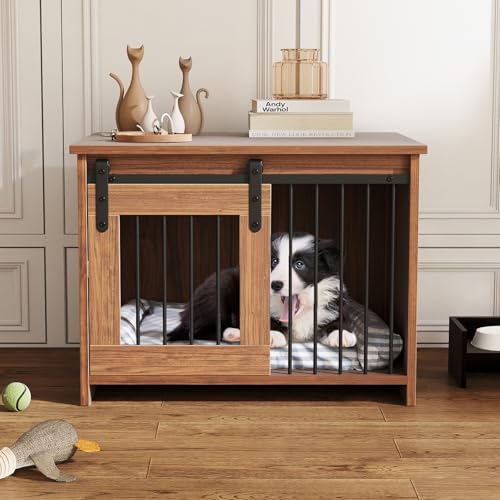 COSTWAY Hundekäfig Möbel, Hundebox für Zuhause, Hundehütte mit Schiebetür, Haustierkäfig aus Metall Holz, Beistelltisch modern, Indoor, für kleine & mittelgroße Hunde, 80 x 60 x 60 cm (Braun)