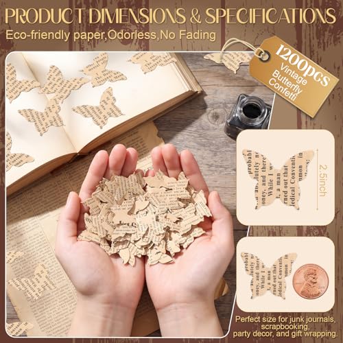 Image of Marspark 1200 Pcs Book Page Confetti 1 Inch Vintage Newspaper Wedding Table Confetti Classic Novelty Party Decorations for Book Themed Party Decor Birthday Photo Prop Bridal Shower (Butterfly,Khaki)