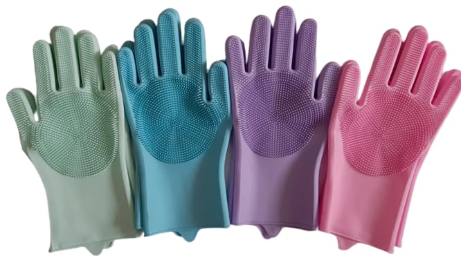 SAMRUKZONE SRZ Silicone Gloves, Cleaning Gloves, Silicon Hand Gloves for Kitchen Dishwashing and Pet Grooming, Great for Washing Dish, Car, Bathroom (Pack of 4 - Two Pairs - COLOR)