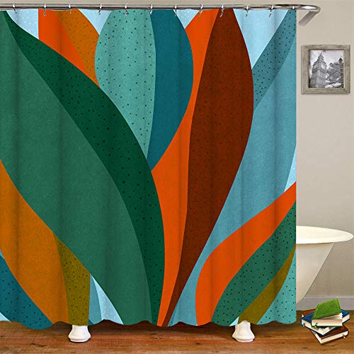RnnJoile Abstract Leaves Shower Curtain Cloth Tropical Palm Leaf with Dots Print Bath Curtain Green Orange Bathroom Decor with Hooks 72"×72" Unisex