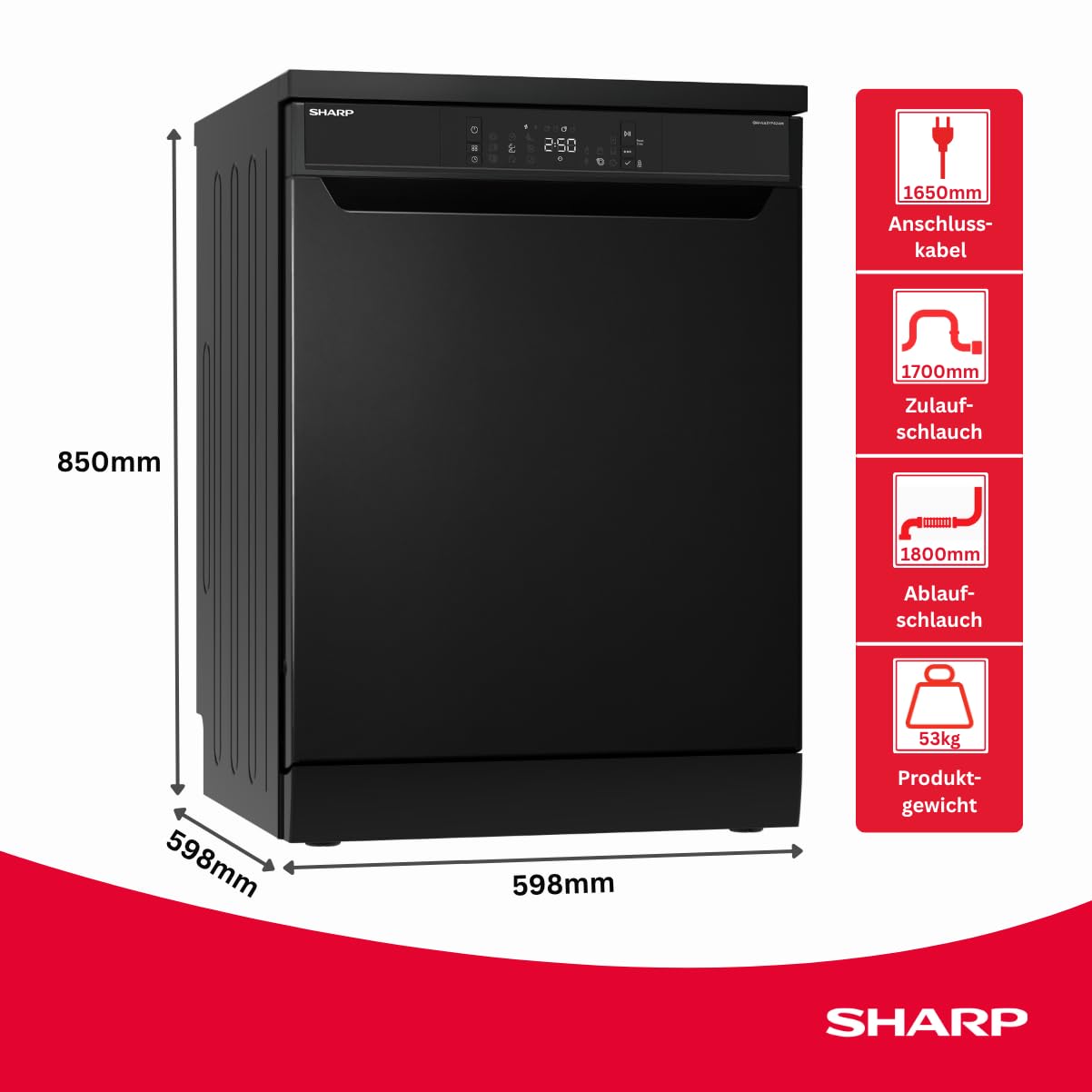 Sharp QW-NA3YF42AM-DE Geschirrspüler freistehend, 60 cm, 14 Maßgedecke, A, 42 dB, SteamWash, DualProWash, EcoWash, AutoDoor, WLAN, Weiß