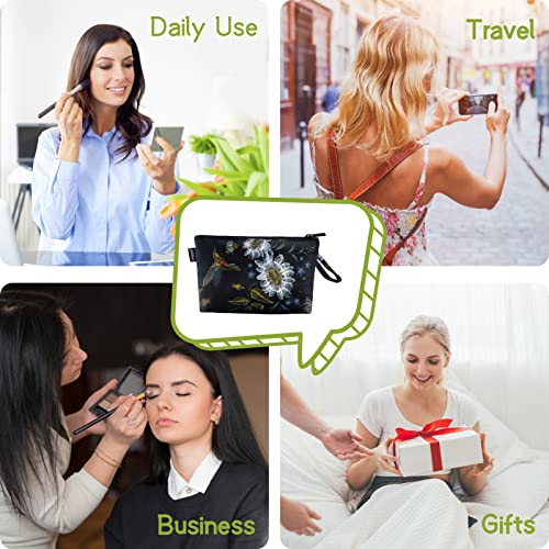 Image of Gloppie Makeup Bag Small Cosmetic Bag for Purse Zipper Make Up Pouch | Hummingbird Daisy, Compact Size, 4 Divided Inner Pockets, Multi-Purpose Makeup & Jewelry Pouch,Travel Essentials for Women