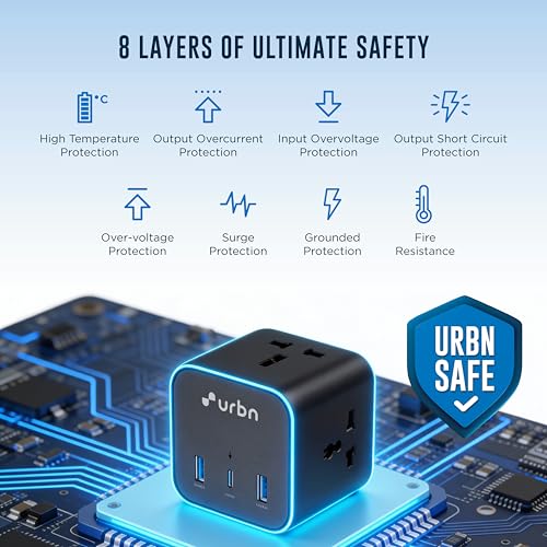 Image of URBN 6-in-1 Qube Core Power Strip | 3 Universal Sockets (2500W) + 3 USB Ports (20W PD) | Fast Charging | Heavy Duty 2m Power Cord | Surge Protection | 1 Year Warranty (Black)