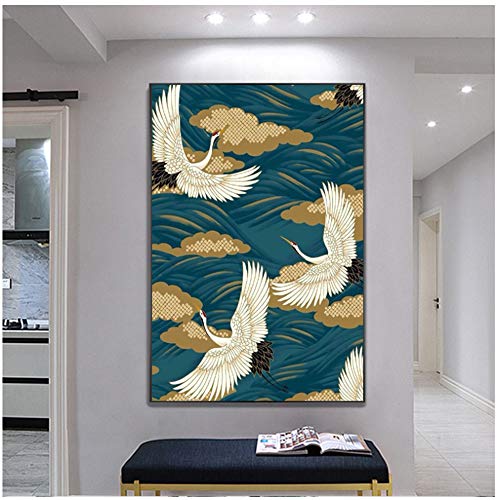 juntop Toile Peinture Style Chinois Grue et Nuages ??Abstrait Oiseau Affiches et Impressions Mur Art Photo pour Salon Décor 60x80 cm / 23.6"x 31.5" sans Cadre