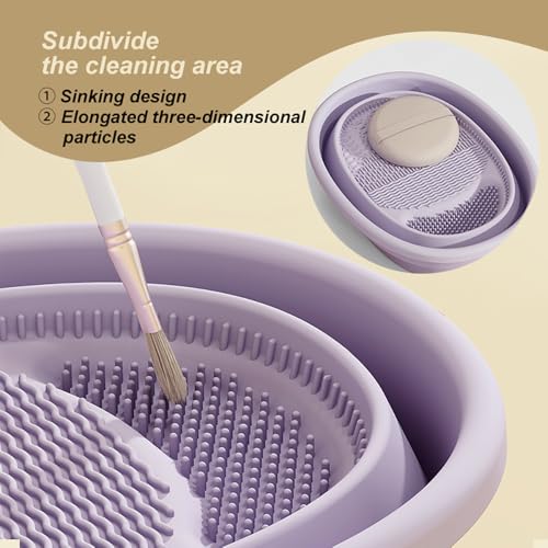 Image of Foldable silicone makeup brush cleaning bowl, makeup tool cleaning bowl, makeup brush cleaning tool storage and Makeup cotton drying rack(purple) (khaki)