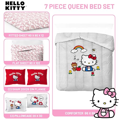 Image of Sanrio Hello Kitty Queen Comforter Set 7 Piece Bedding for Girls, Grey | Bed in a Bag, Comforter Sheets Shams Pillowcases, Official Product, Soft Microfiber, Machine Washable, Girls Gift