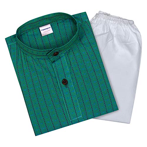 Image of superminis Baby Boys Traditional Ethnic Wear Handloom Cotton Solid Pattern Kurta With White Pyjama Set
