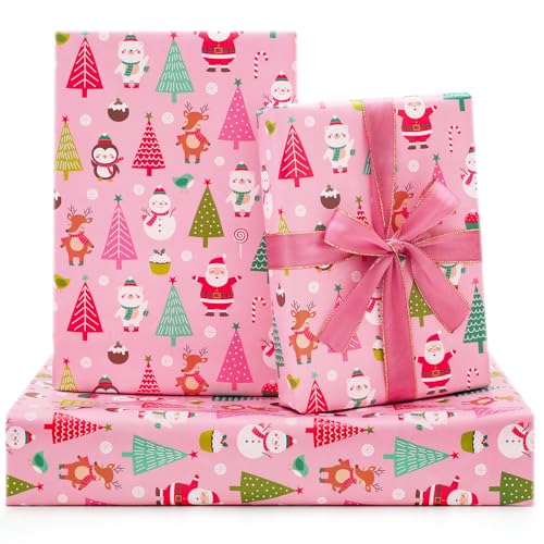 NEPOG Pink Christmas Wrapping Paper, Vintage Santa Bear & Snowman Xmas Wrapping Paper With Pink Ribbon, 7 Sheets Folded Flat 20x30 inches per sheet For Kids' Christmas Party