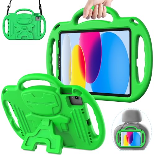 AVAWO Kids Case for iPad 10th 10.9 Inch/iPad Air 5/IPad Air 4 Generation (2022/2020)- with Shoulder Strap/Handles/Adjustable Kickstand Light Weight Durable Cover for iPad 10 gen, Green