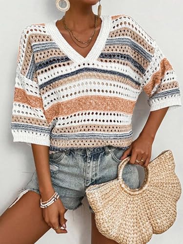 Womens Short Sleeve Summer Crochet Sweaters Striped V Neck Casual Loose Knit Pullover Boho Tops